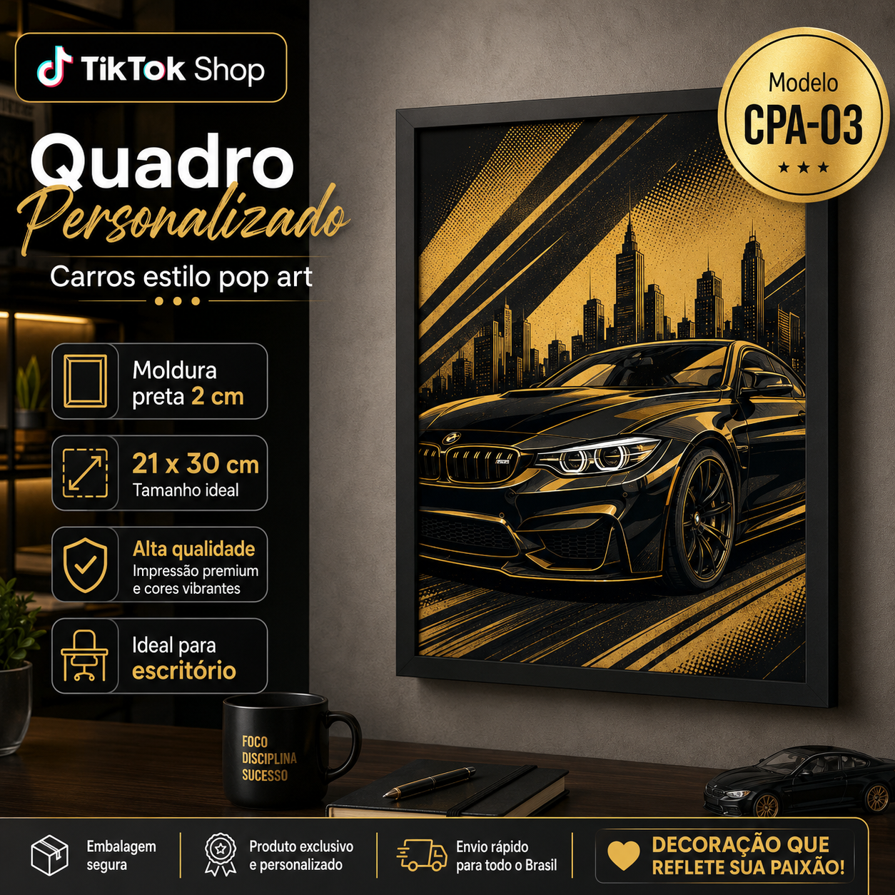 Quadros personalizados COLEÇÃO MEU CARRO 21x30 moldura MDF com proteção em acetato